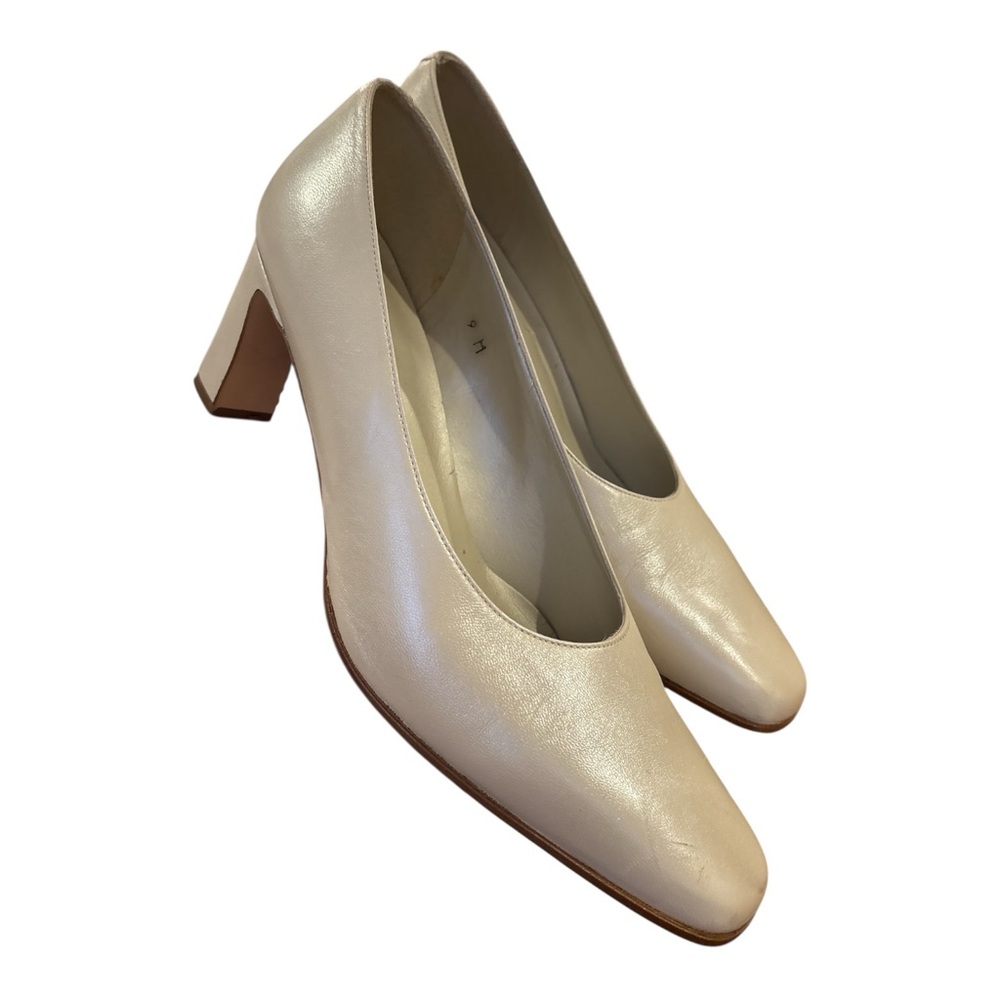 80s BANDOLINO LEATHER NEUTRAL CREAM PEARLIZED SQUARE TOE 2.5" CHUNK HEEL SZ 9